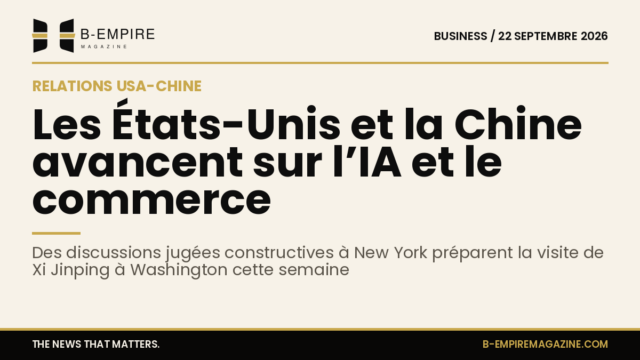 Visuels des drapeaux américain et chinois superposés avec des icônes de puce électronique symbolisant l’intelligence artificielle sur fond papier encre or