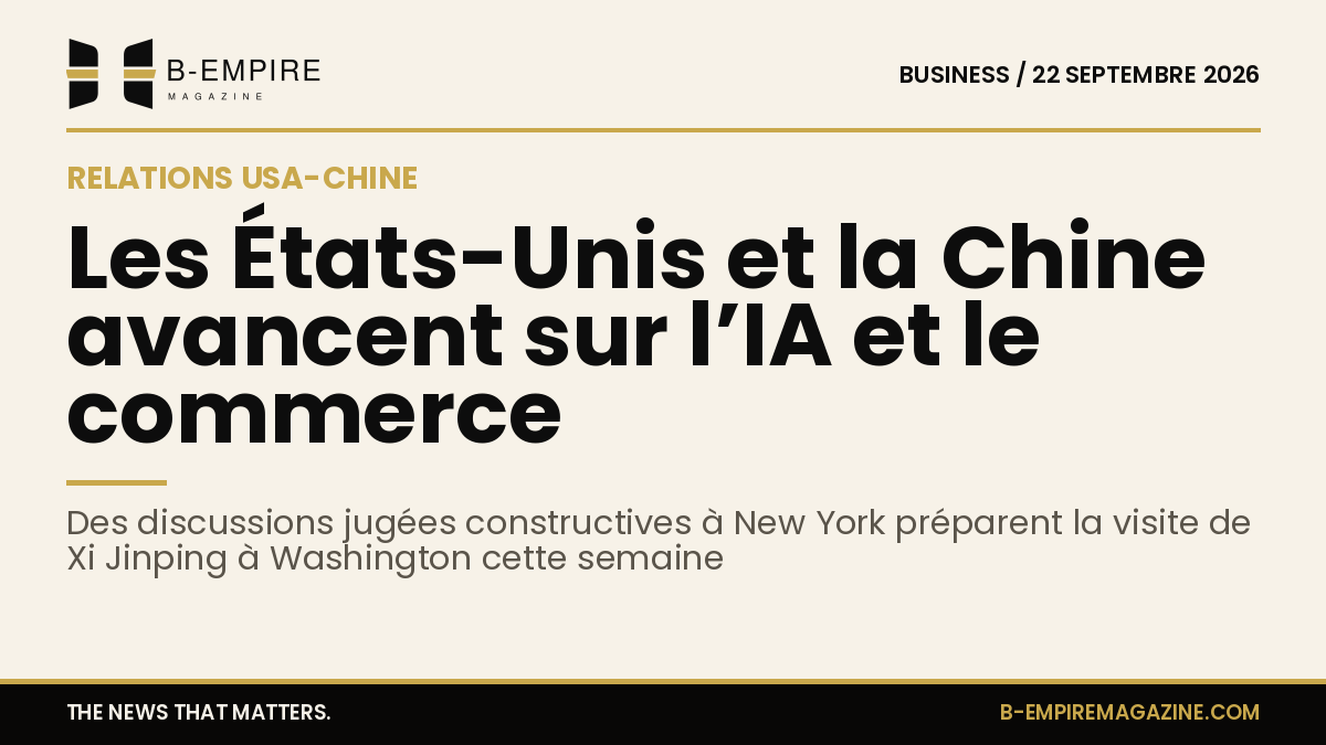 Visuels des drapeaux américain et chinois superposés avec des icônes de puce électronique symbolisant l’intelligence artificielle sur fond papier encre or