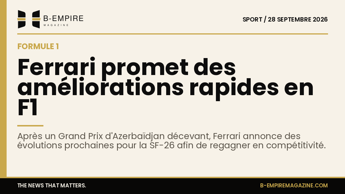 Photo d'une monoplace Ferrari SF-26 en piste lors d'un Grand Prix de Formule 1, aux couleurs rouge emblématique de l'équipe.