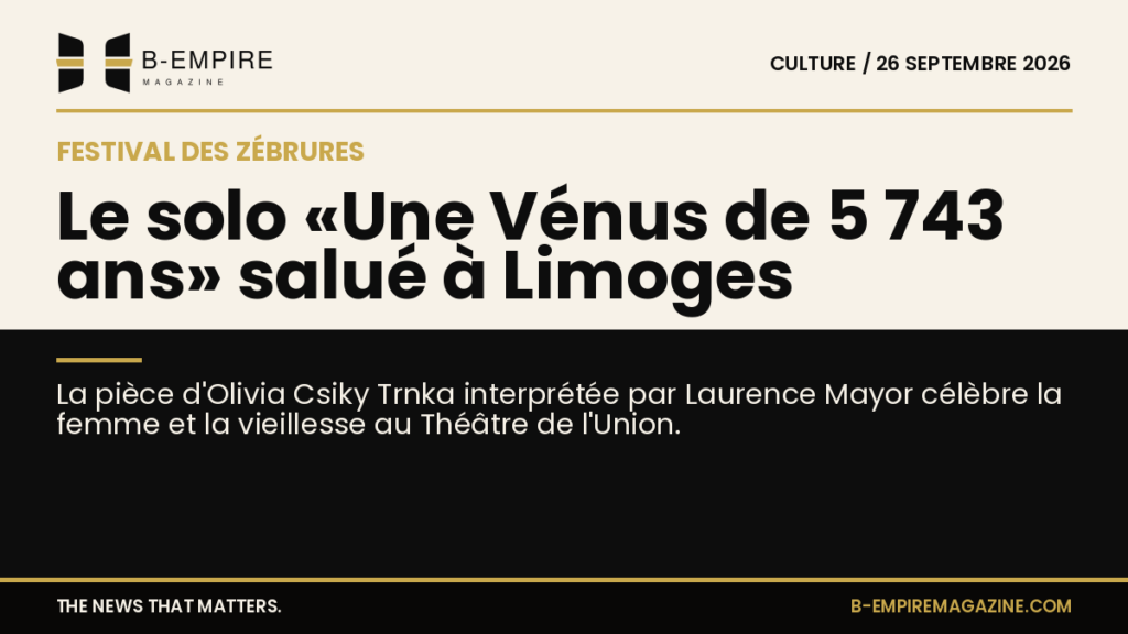 Affiche du solo Une Vénus de 5 743 ans au Festival des Zébrures avec une silhouette féminine stylisée sur fond papier et noir.