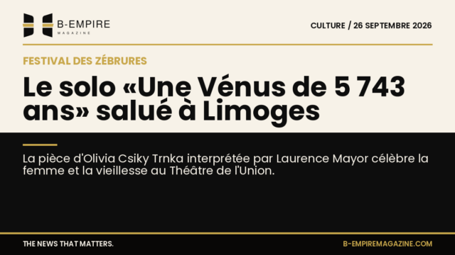 Affiche du solo Une Vénus de 5 743 ans au Festival des Zébrures avec une silhouette féminine stylisée sur fond papier et noir.