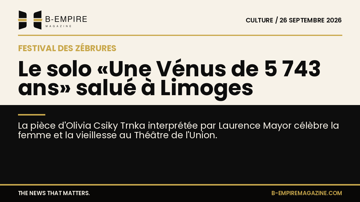 Affiche du solo Une Vénus de 5 743 ans au Festival des Zébrures avec une silhouette féminine stylisée sur fond papier et noir.