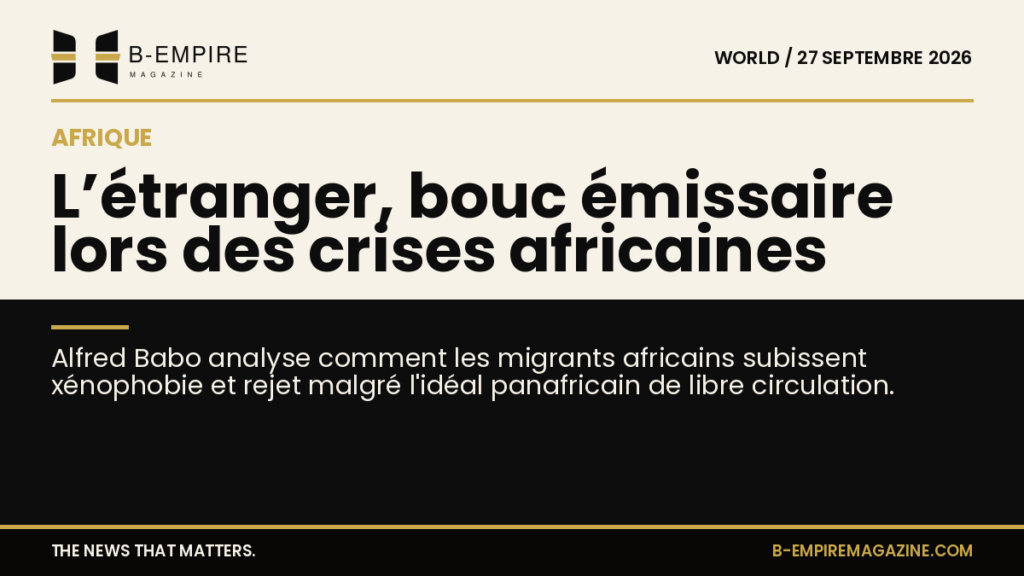 Visuel en deux parties, à gauche fond papier clair, à droite fond noir, avec le titre à cheval sur les deux fonds évoquant le rejet des migrants en Afrique