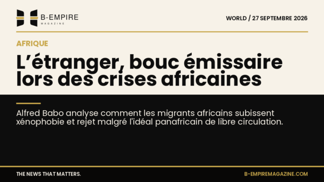 Visuel en deux parties, à gauche fond papier clair, à droite fond noir, avec le titre à cheval sur les deux fonds évoquant le rejet des migrants en Afrique