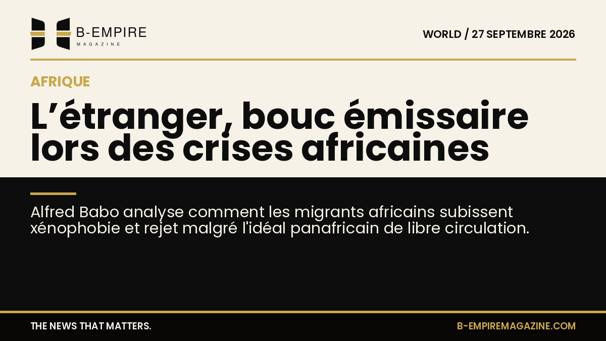 Visuel en deux parties, à gauche fond papier clair, à droite fond noir, avec le titre à cheval sur les deux fonds évoquant le rejet des migrants en Afrique