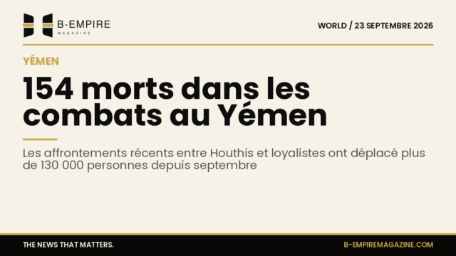 Statistique montrant 154 morts et 130 000 déplacés au Yémen en septembre avec un fond papier et typographie encre et or