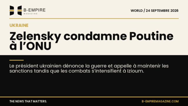 Photomontage avec Zelensky à la tribune de l'ONU et paysage de combats urbains à Izioum en Ukraine.