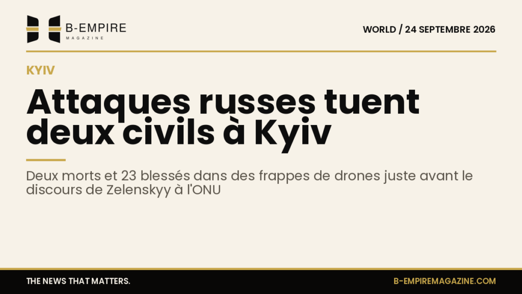 Carte stylisée de Kyiv avec icônes de drones et chiffres des victimes des frappes aériennes.