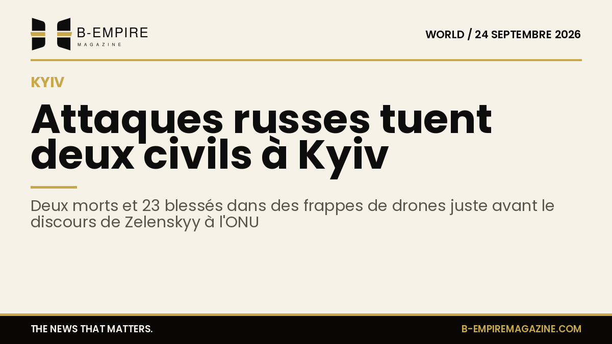 Carte stylisée de Kyiv avec icônes de drones et chiffres des victimes des frappes aériennes.