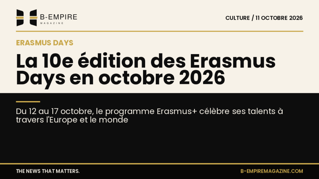 Visuel split avec moitié fond papier et moitié fond noir, titre sur la 10e édition des Erasmus Days en octobre 2026, couleurs encre et or