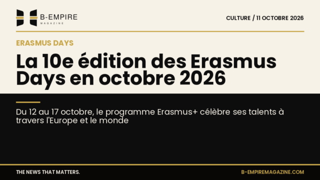 Visuel split avec moitié fond papier et moitié fond noir, titre sur la 10e édition des Erasmus Days en octobre 2026, couleurs encre et or