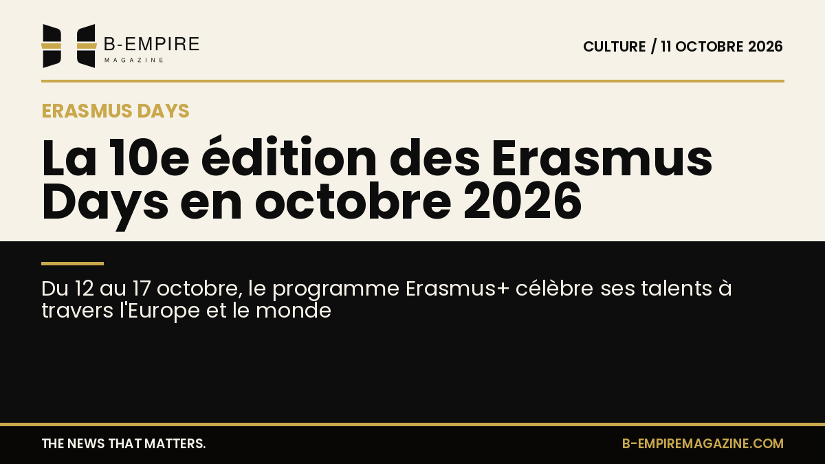 Visuel split avec moitié fond papier et moitié fond noir, titre sur la 10e édition des Erasmus Days en octobre 2026, couleurs encre et or