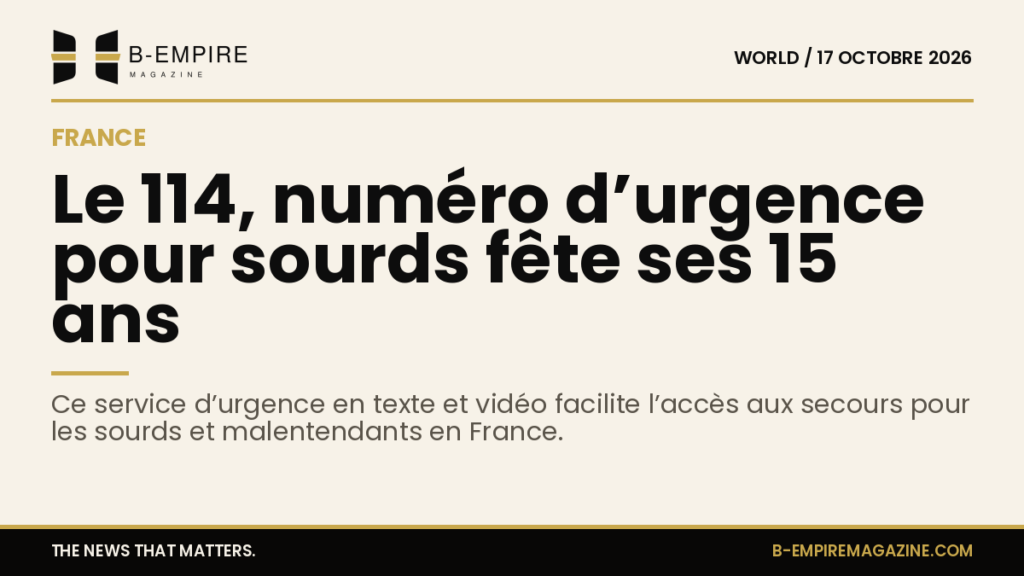Visuel sobre avec fond papier, titre en encre mentionnant le 114 et ses 15 ans, accompagnée d’une icône téléphonique stylisée.