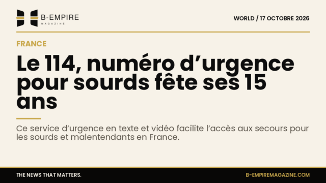Visuel sobre avec fond papier, titre en encre mentionnant le 114 et ses 15 ans, accompagnée d’une icône téléphonique stylisée.