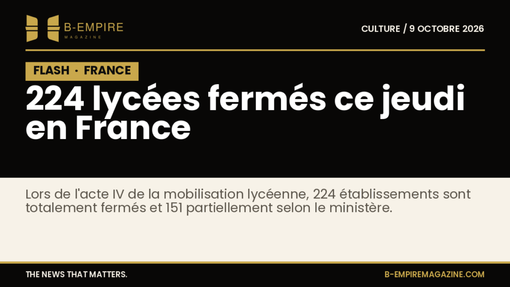 Texte blanc sur fond noir avec un bloc noir marqué FLASH en haut à gauche et le chiffre 224 lycées fermés en France en grand.
