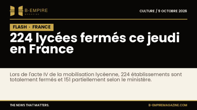 Texte blanc sur fond noir avec un bloc noir marqué FLASH en haut à gauche et le chiffre 224 lycées fermés en France en grand.