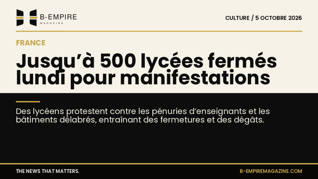Visuel divisée en deux parties montrant un lycée français fermé et une manifestation étudiante avec pancartes.