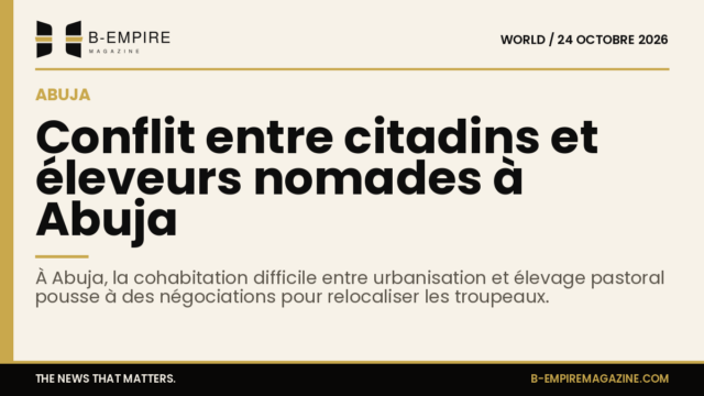 Troupeaux d'animaux traversant une rue d'un quartier résidentiel à Abuja, avec des bâtiments urbains en arrière-plan.