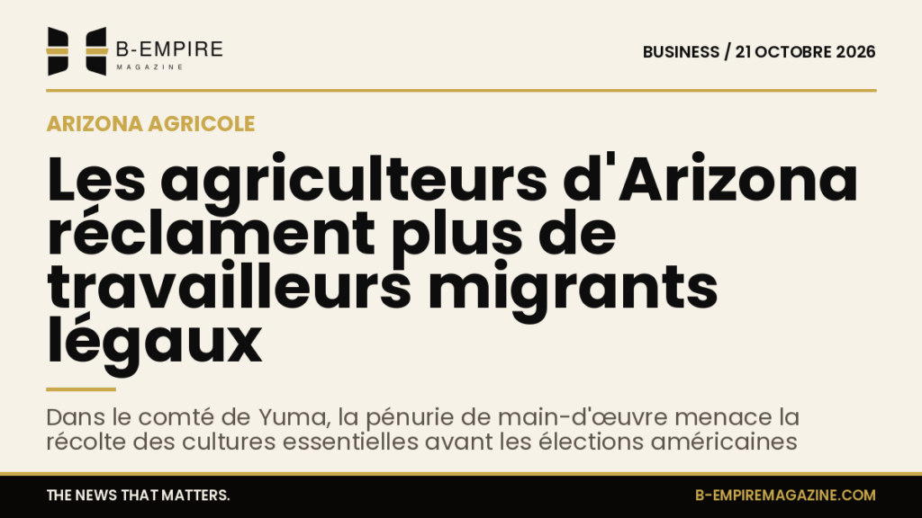 Un champ agricole en Arizona avec des ouvriers travaillant sous un ciel clair.