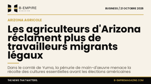 Un champ agricole en Arizona avec des ouvriers travaillant sous un ciel clair.