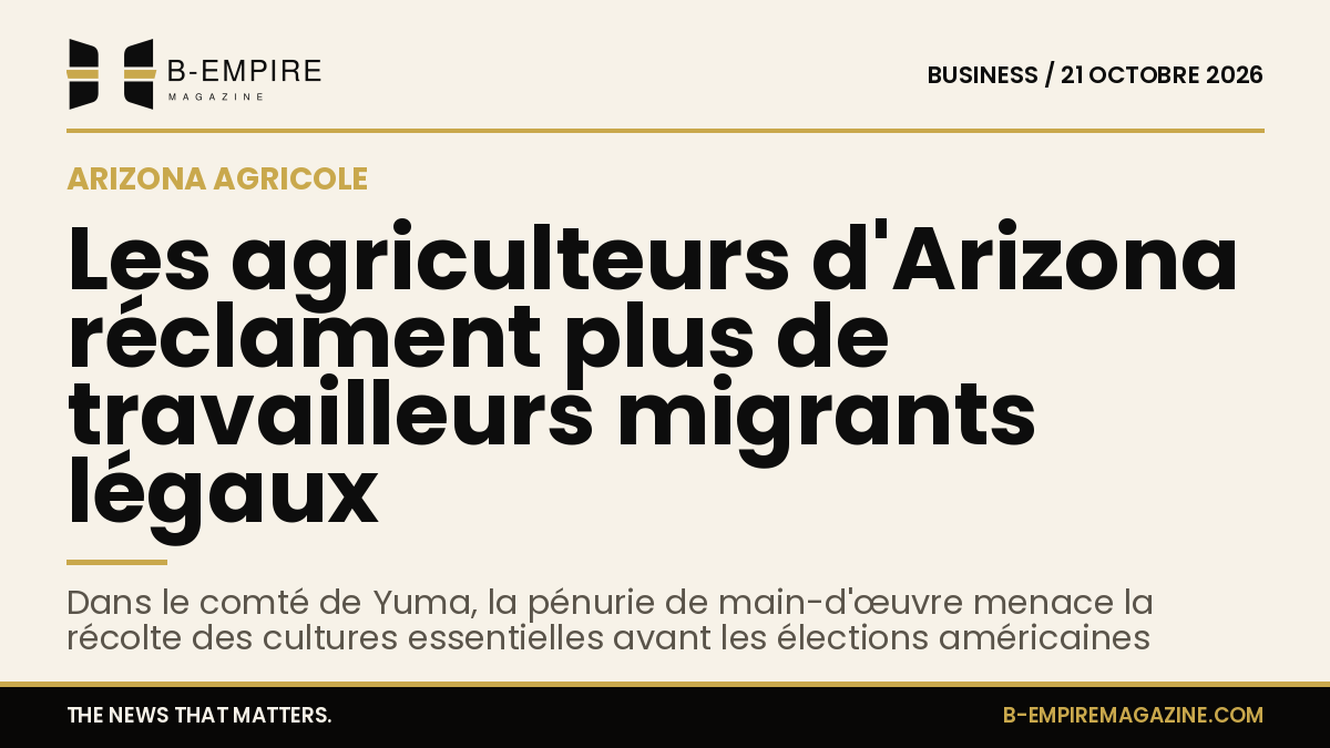 Un champ agricole en Arizona avec des ouvriers travaillant sous un ciel clair.