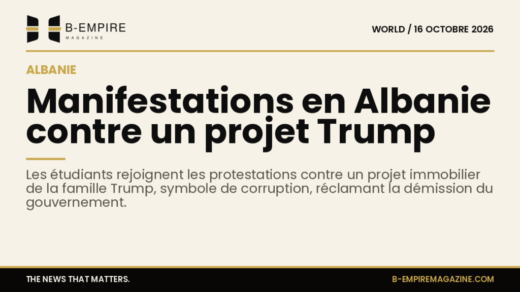 Manifestation de foule en Albanie avec des pancartes et des jeunes manifestants dans la rue contre un projet immobilier.