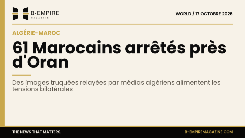 Visuel avec une bande or et texte encre présentant 61 Marocains arrêtés près d'Oran, Algérie