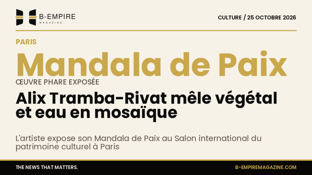 Mosaïque artistique d'Alix Tramba-Rivat mêlant motifs végétaux et éléments aquatiques exposée au Salon du patrimoine à Paris