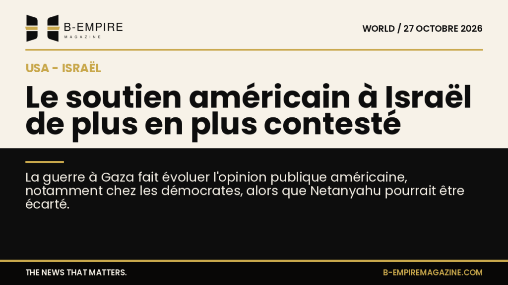 Composition graphique split avec moitié fond papier et moitié fond noir, titre à cheval sur les deux zones évoquant le soutien contesté des USA à Israël.