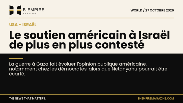 Composition graphique split avec moitié fond papier et moitié fond noir, titre à cheval sur les deux zones évoquant le soutien contesté des USA à Israël.