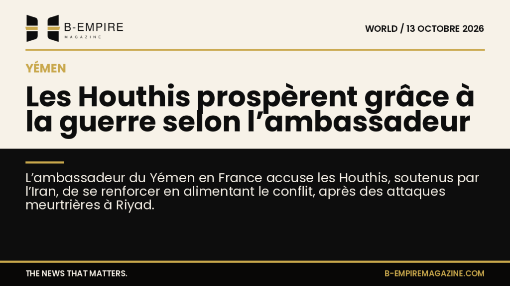Visuel split avec moitié fond papier et moitié noir, titre sur la guerre au Yémen et les Houthis