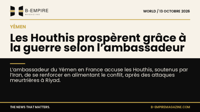 Visuel split avec moitié fond papier et moitié noir, titre sur la guerre au Yémen et les Houthis