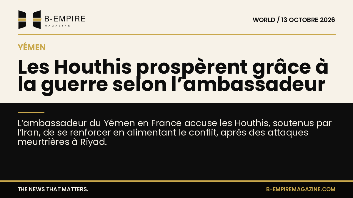 Visuel split avec moitié fond papier et moitié noir, titre sur la guerre au Yémen et les Houthis