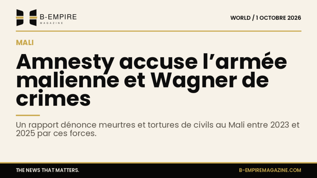 Couverture d’un rapport Amnesty International sur fond papier avec le titre évoquant des accusations contre l’armée malienne et Wagner au Mali.