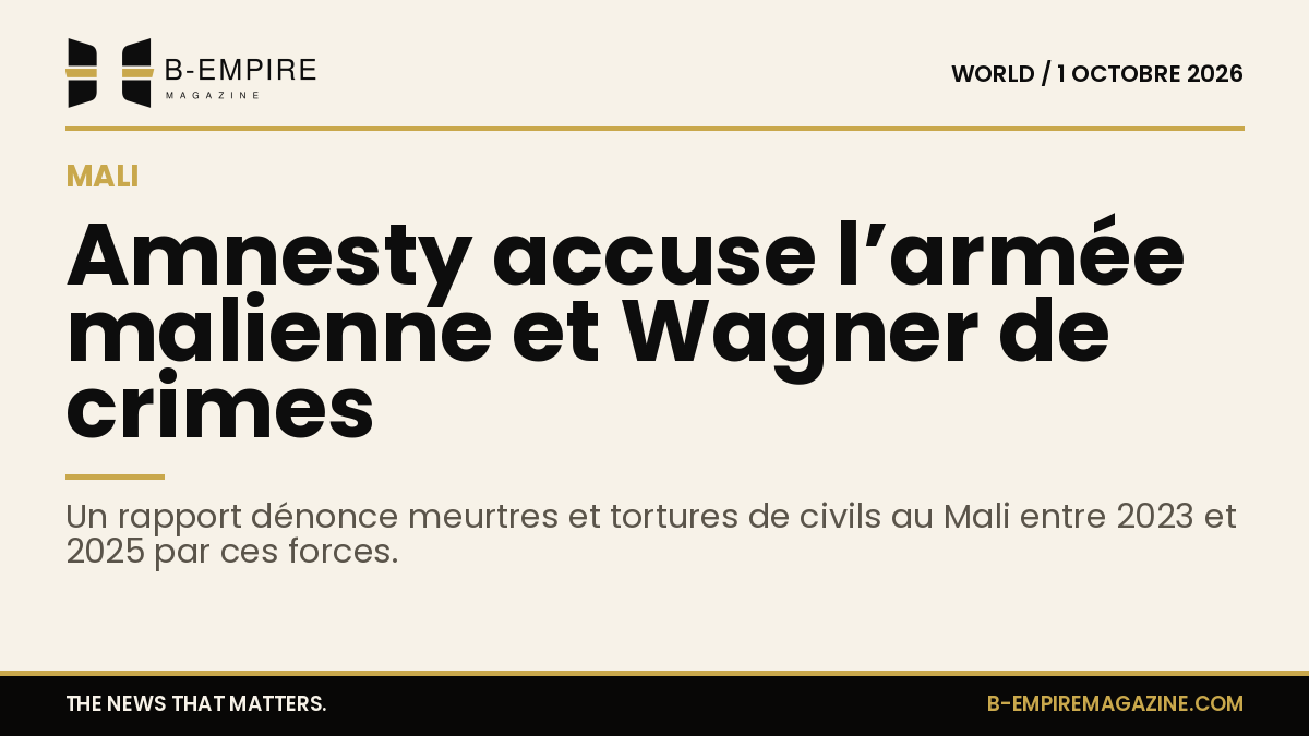 Couverture d’un rapport Amnesty International sur fond papier avec le titre évoquant des accusations contre l’armée malienne et Wagner au Mali.
