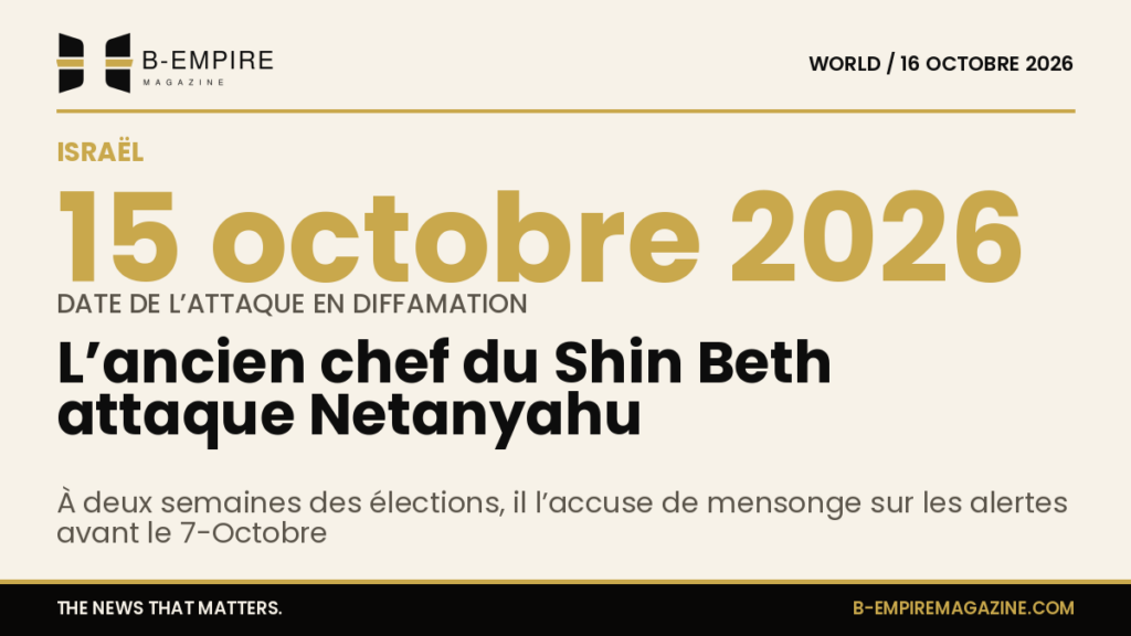 Visuel avec un chiffre clé 15 octobre 2026 sur fond papier et texte en encre évoquant la plainte en diffamation contre Netanyahu