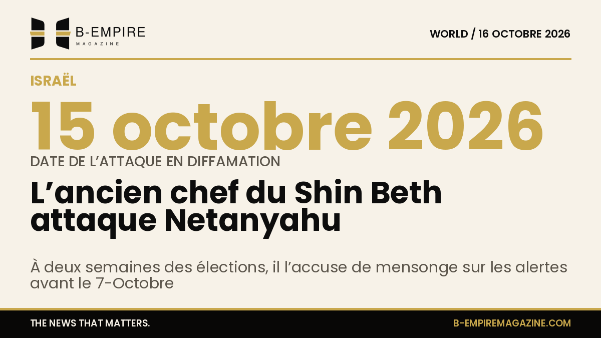 Visuel avec un chiffre clé 15 octobre 2026 sur fond papier et texte en encre évoquant la plainte en diffamation contre Netanyahu