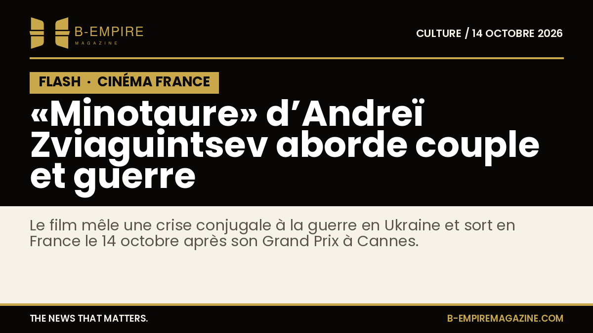 Affiche du film «Minotaure» d’Andreï Zviaguintsev avec un fond sombre et le titre en lettres blanches et or