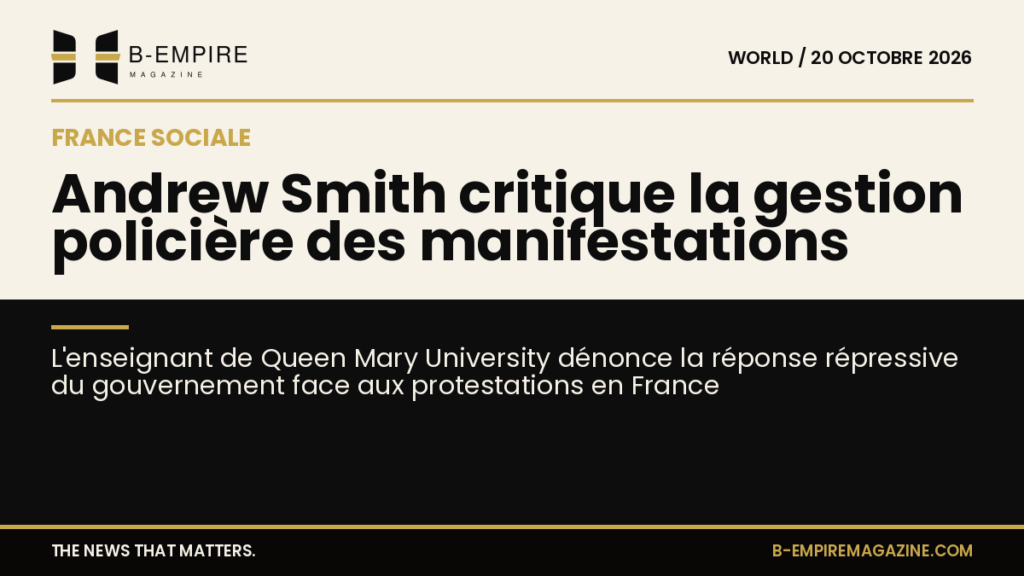 Portrait d’Andrew Smith avec un fond évoquant une manifestation en France