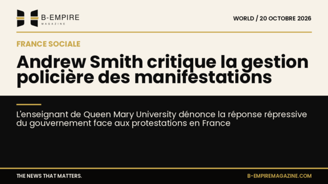 Portrait d’Andrew Smith avec un fond évoquant une manifestation en France