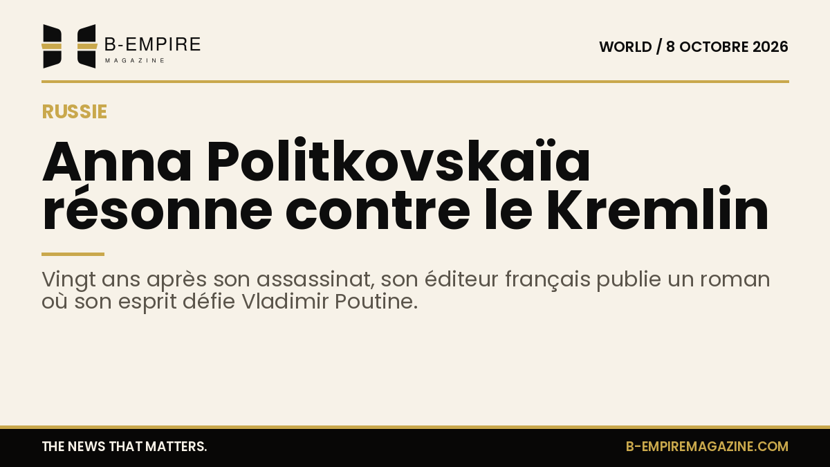 Portrait d'Anna Politkovskaïa avec un fond neutre et un texte sur sa mémoire contre le Kremlin.