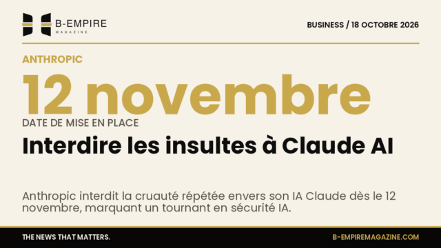 Visuel avec le chiffre 12 novembre en or sur fond papier avec texte sur la politique d'Anthropic sur les insultes à Claude AI