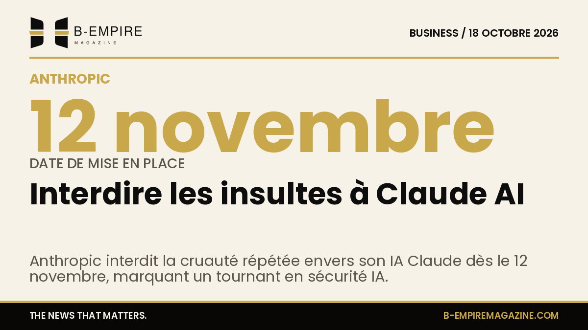 Visuel avec le chiffre 12 novembre en or sur fond papier avec texte sur la politique d'Anthropic sur les insultes à Claude AI