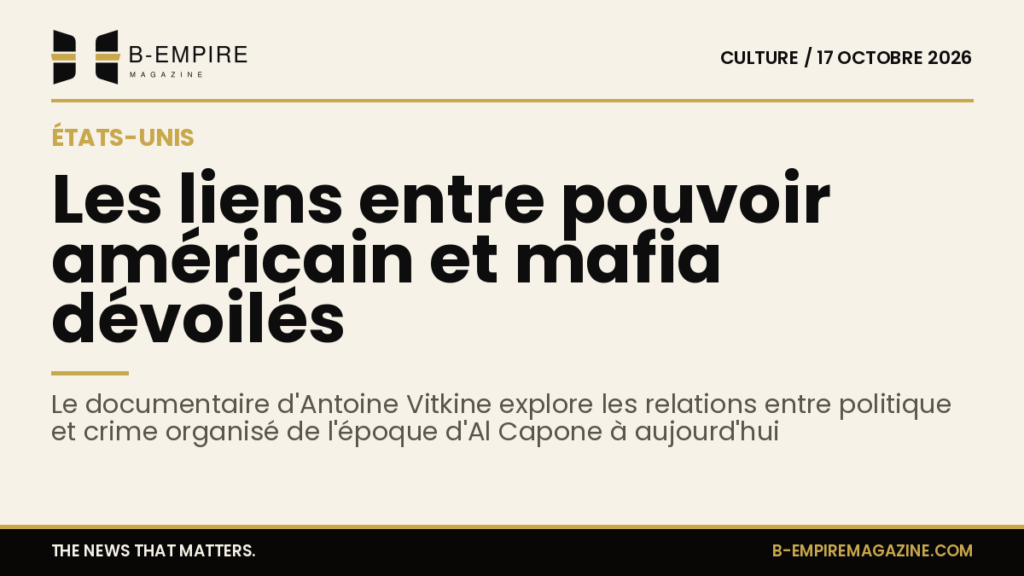 Affiche du documentaire 'United States of Mafia' montrant des images d'Al Capone et des symboles de la mafia américaine