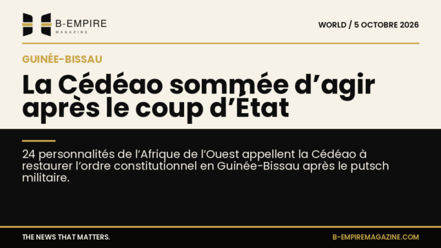 Visuel split avec moitié fond papier et moitié fond noir, titre à cheval évoquant la crise politique en Guinée-Bissau et l'interpellation de la Cédéao
