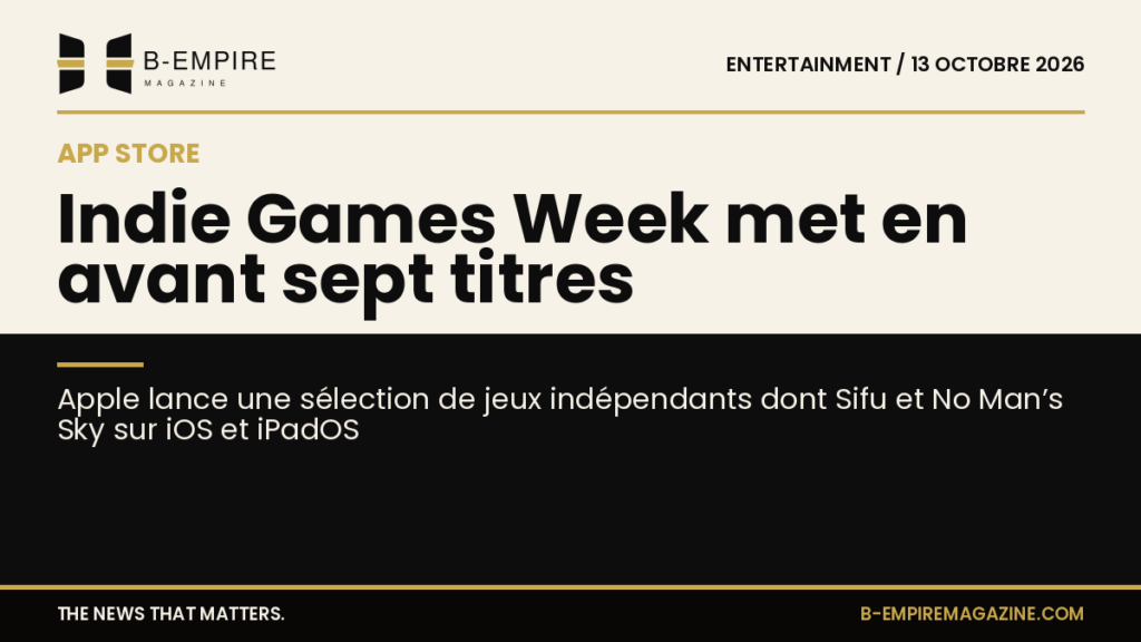 Visuel partagé entre fond papier clair et noir avec le titre sur la sélection de jeux indépendants Apple Indie Games Week
