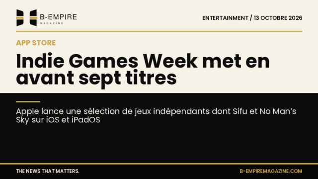 Visuel partagé entre fond papier clair et noir avec le titre sur la sélection de jeux indépendants Apple Indie Games Week