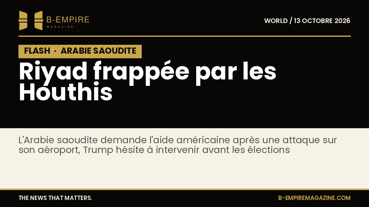 Vue aérienne de l'aéroport de Riyad touché par une frappe des Houthis, avec un fond sombre et texte en or et blanc