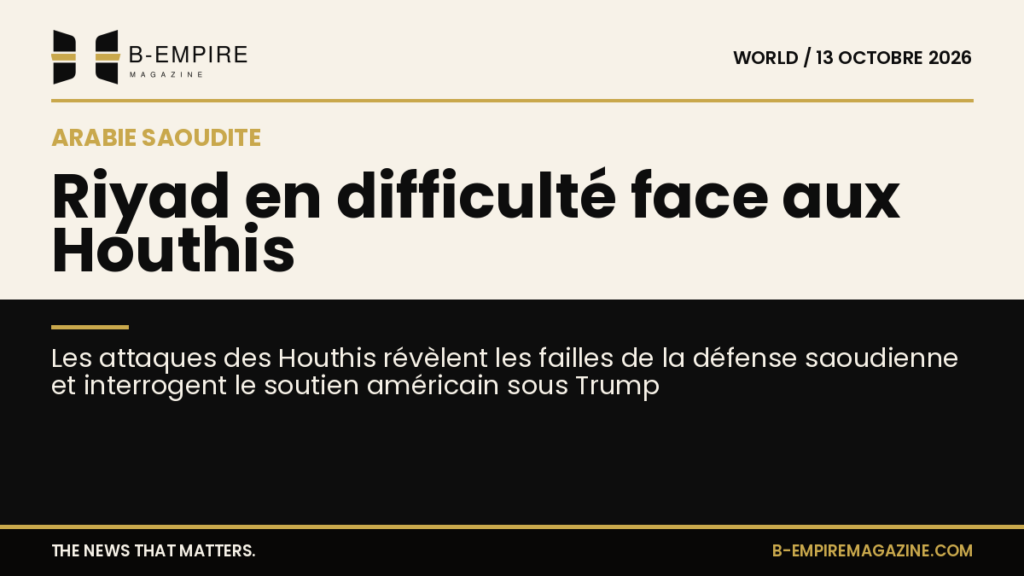 Visuel divisé avec une moitié en fond papier montrant un avion à l'aéroport de Riyad et l'autre moitié en fond noir avec un titre en or sur les attaques houthis.