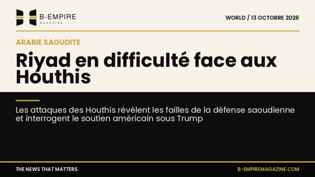 Visuel divisé avec une moitié en fond papier montrant un avion à l'aéroport de Riyad et l'autre moitié en fond noir avec un titre en or sur les attaques houthis.